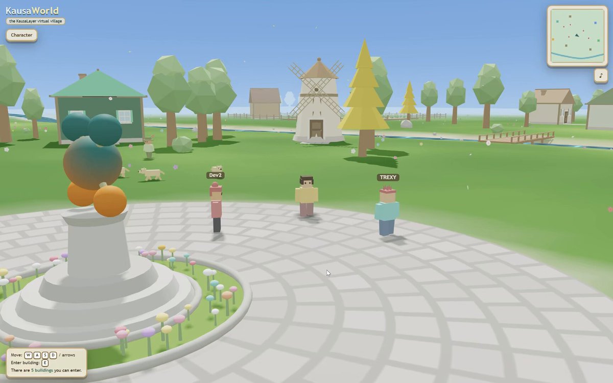The image shows a group of people standing around a statue, possibly at a park or a town square. They are wearing hats and appear to be engaged in conversation with each other. The scene takes place outdoors under a blue sky, which suggests that they might be enjoying their time outside on a sunny day. The post about KausaWorld is related to the image because it talks about the social layer of the game, where players can interact with each other through private messages or DMs. This social aspect adds depth and realism to the gaming experience by allowing players to communicate and collaborate in a virtual setting similar to real life.