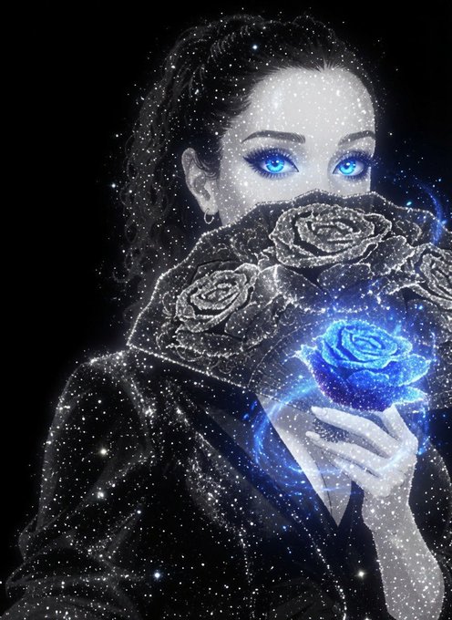 Fantasy digital art of a woman with glowing blue eyes, wearing an ornate silver rose-patterned lace collar that covers her lower face, holding a luminous blue rose against a starry cosmic background.