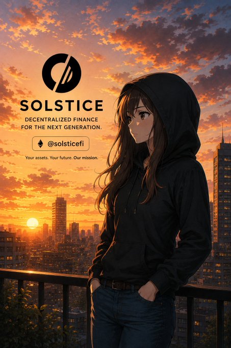 An anime-style promotional image for 'SOLSTICE - Decentralized Finance for the Next Generation' featuring a hooded female figure overlooking a city at sunset, with the handle @solsticefi.