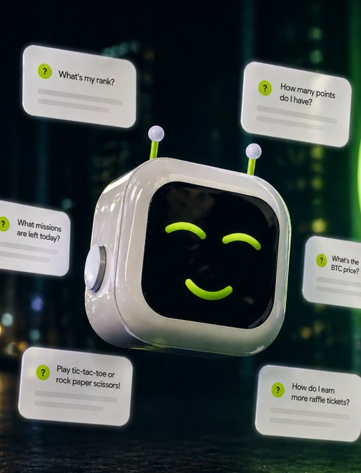 The image features a robot with a smiling face, surrounded by various questions related to cryptocurrency and AI campaigns. The robot appears to be floating above a black background, giving an impression of being in space or hovering over the questions.