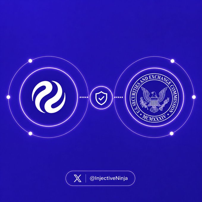 A promotional graphic on a blue background shows the Injective (INJ) logo connecting with a shield-checkmark icon to the U.S. Securities and Exchange Commission seal, posted by '@InjectiveNinja'.