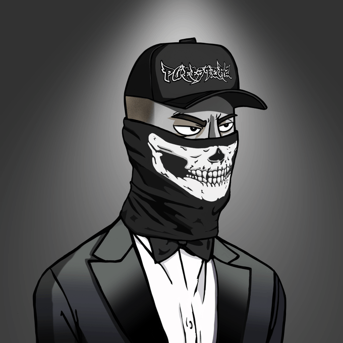 A black and white illustration shows a figure wearing a black cap with graffiti-style text, a black face covering, and a skull mask under a suit.