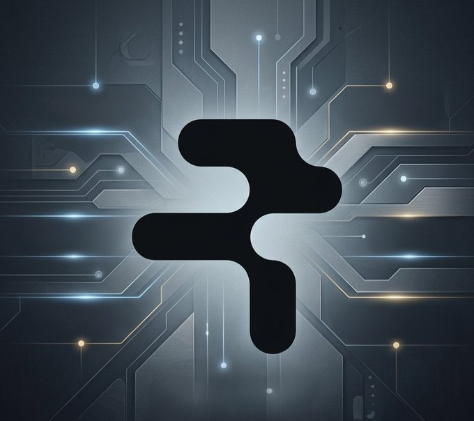 A stylized black logo composed of interconnected rounded shapes is displayed against a digital circuit board background with glowing lights.