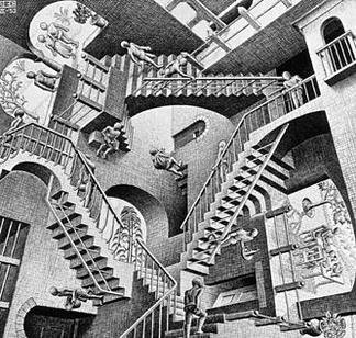 A black-and-white lithograph depicting an Escher-style impossible staircase with figures climbing in various directions, fitting the post's mention of changing the gallery theme as the surreal, maze-like artwork visually evokes the disorienting "backrooms" concept.