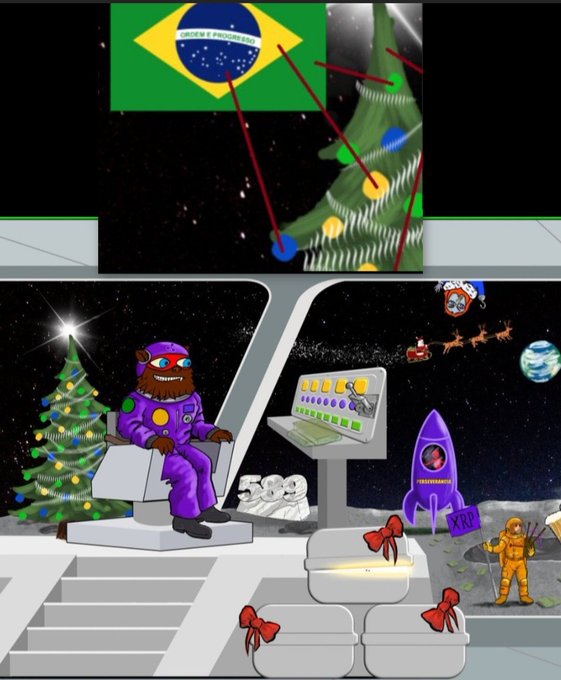 The image depicts a cartoon scene of a bearded astronaut in a purple spacesuit sitting in a spaceship control room, with a Brazilian flag and Christmas tree visible on a screen above, while an astronaut outside on a moon-like surface holds an "XRP" rocket beside Santa's sleigh and Earth. The post humorously connects the Brazilian flag on the Christmas tree to Brazil's winter season (June-September) and questions the placement of Sirius (the brightest star) at the tree's tip, tying it to the XRP rocket and the festive space-themed crypto celebration.