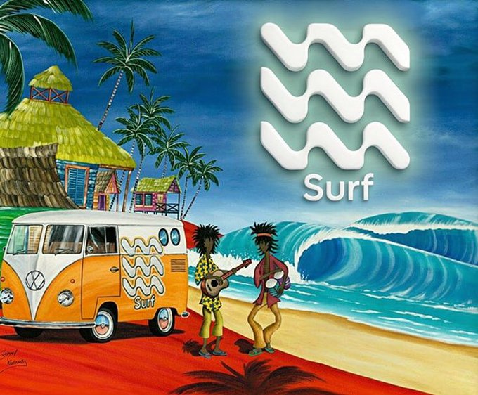 A colorful painting of a tropical beach scene featuring a VW van with 'Surf' branding, two people playing guitar and bongo, palm trees, huts, and crashing waves, alongside the Aquarius astrological symbol.