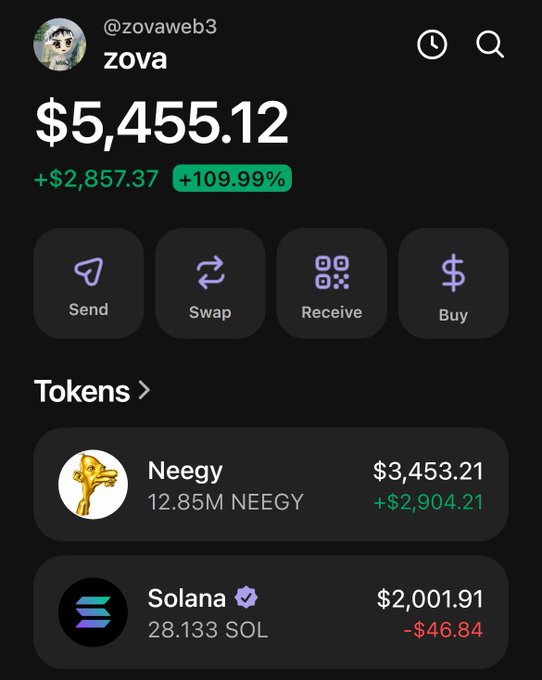 A crypto portfolio screenshot for user "@zovaweb3" (username "zova") showing a total balance of $5,455.12 with a +$2,857.37 (+109.99%) gain, featuring holdings in Neegy (12.85M NEEGY valued at $3,453.21, up +$2,904.21) and Solana (28.133 SOL valued at $2,001.91, down -$46.84). The image visually supports the post about $NEEGY hitting a $270k market cap after a pullback, as the displayed Neegy holdings show substantial gains consistent with a successful post-dip accumulation.