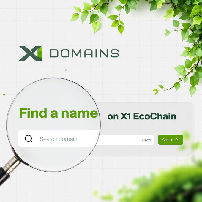 The image shows a magnifying glass over a search bar labeled "Search domain" with ".x1eco" available as an extension, promoting X1 Domains on X1 EcoChain.