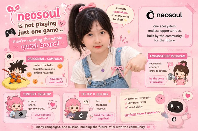 A 'neosoul' ecosystem infographic featuring a young woman and highlighting multiple community programs like Dragonball Campaign, Ambassador Program, Content Creator, and Tester & Builder.