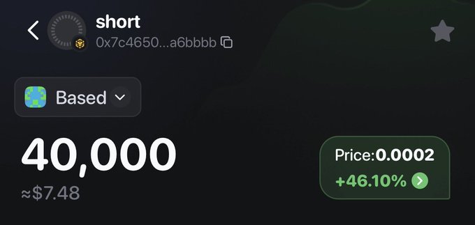 A cryptocurrency portfolio screen showing a holding of 40,000 'short' tokens valued at approximately $7.48, with a price of 0.0002 and a +46.10% gain.