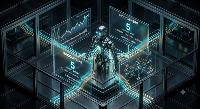 A futuristic digital illustration shows a chrome humanoid figure standing in a server room surrounded by floating holographic displays showing 'HOODMINERS 5 DAYS TO MINT', trading charts, and network diagrams with flowing neon light trails.