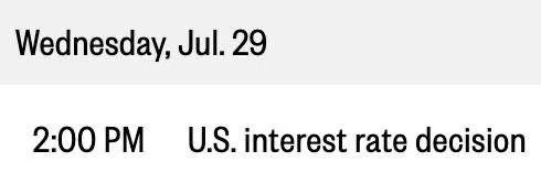 A calendar entry showing "Wednesday, Jul. 29" at "2:00 PM" for a "U.S. interest rate decision."