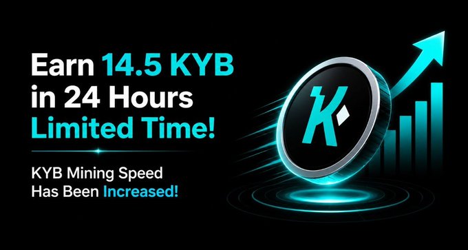 A promotional banner for Krybon (KYB) cryptocurrency announces a limited-time offer to earn 14.5 KYB in 24 hours, featuring the text "Earn 14.5 KYB in 24 Hours Limited Time!" alongside a glowing KYB coin and an upward growth chart.