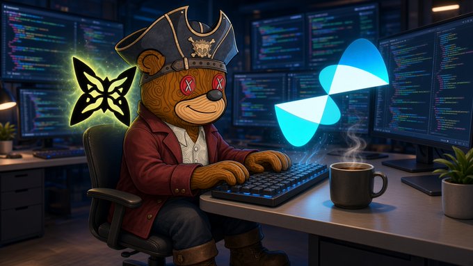 A digital illustration of a pirate-themed monkey wearing a captain's hat and red coat, typing on a keyboard at a desk with multiple monitors showing code, alongside a butterfly logo and a glowing blue butterfly graphic.