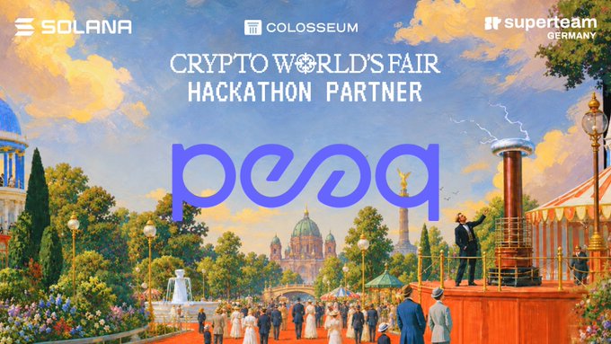 The image is a promotional graphic for peaq as a hackathon partner at the Crypto World's Fair, featuring logos for Solana, Colosseum, and Superteam Germany, alongside an ornate illustrated scene of a classical fairground with a domed building, gardens, and a man operating a Tesla coil-like device. The "peaq" branding is prominently displayed in purple, tying into the post's call for German builders to advance the Machine Economy through the hackathon.