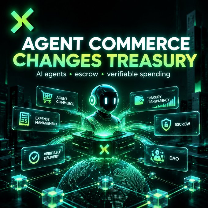 A futuristic tech graphic with a green color scheme titled 'AGENT COMMERCE CHANGES TREASURY,' featuring an AI agent surrounded by labeled feature cards including 'AGENT COMMERCE,' 'TREASURY TRANSPARENCY,' 'EXPENSE MANAGEMENT,' 'ESCROW,' 'VERIFIABLE DELIVERY,' and 'DAO,' with the subtitle 'AI agents • escrow • verifiable spending.'