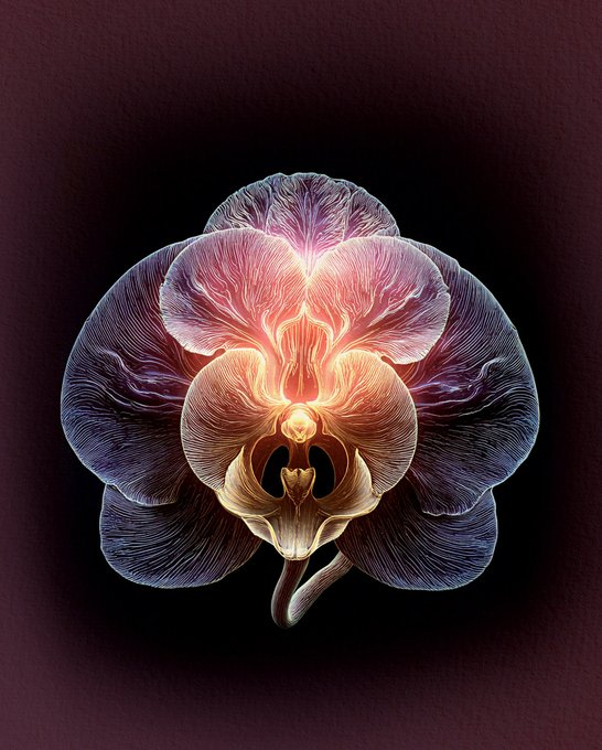 A luminous, cross-section-like rendering of a pink orchid bloom glows against a dark plum background, its delicate ridges and inner column highlighted in warm pinks and golds. The image visually echoes the post's sensual description of the orchid, pairing the NFT art reveal with a 4-day countdown to its auction on objkt.com.