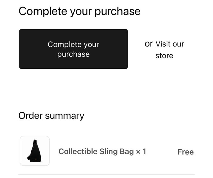 A shopping checkout page titled "Complete your purchase" featuring a "Collectible Sling Bag" marked as "Free" in the order summary, suggesting the user received the item at no cost—likely a promotional giveaway from Bored Ape Yacht Club (BAYC), as referenced in the caption "Got em!" thanking @BoredApeYC.