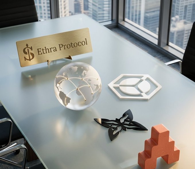 A 3D-rendered conference room table displaying a nameplate reading '$ Ethra Protocol' next to a translucent globe, a geometric hexagonal logo, and other decorative objects.