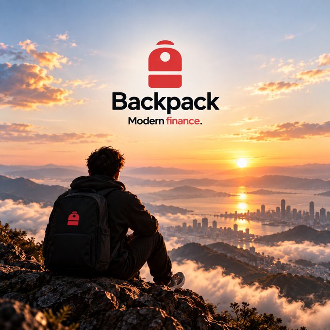 Promotional graphic for Backpack with the tagline 'Modern finance,' featuring a person wearing a backpack overlooking a misty cityscape at sunrise.