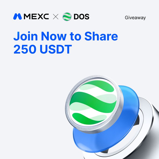 A promotional graphic for a MEXC x DOS giveaway features the text "Join Now to Share 250 USDT" alongside the MEXC and DOS logos and a 3D rendering of the green and white DOS coin emblem, advertising an event where 10 winners split the prize by commenting with their UID and Airdrop+ event registration proof.