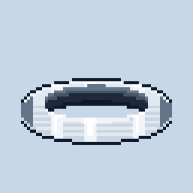 A pixel art rendering of a silver and dark gray ring or circular band against a light blue background.