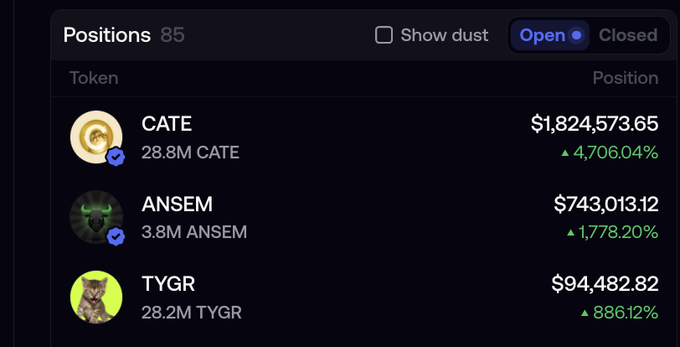 A trading dashboard displays 85 open positions, with the top three being CATE ($1,824,573.65, up 4,706.04%), ANSEM ($743,013.12, up 1,778.20%), and TYGR ($94,482.82, up 886.12%), highlighting the dramatic gains of these meme coin holdings. The image supports the post's claim about TYGR potentially becoming another seven-figure profit trade, showcasing the impressive 886.12% gain on the 28.2M TYGR position.