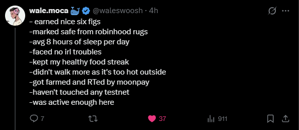 A screenshot of a tweet from @waleswoosh listing his accomplishments, including earning "nice six figs" and averaging 8 hours of sleep. The tweet aligns with the caption's claim that waleswoosh makes six figures monthly, highlighting that @waleswoosh made 6 figures just in July.