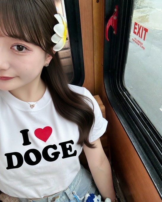 A young woman taking a selfie near a window with an 'EXIT' sign, wearing a white t-shirt that reads 'I ♥ DOGE' and a plumeria flower in her hair.