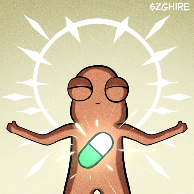 A cartoon illustration by $ZGHIRE depicts a brown character with closed eyes in a meditative pose, with a glowing green pill on its chest surrounded by a radiant halo.