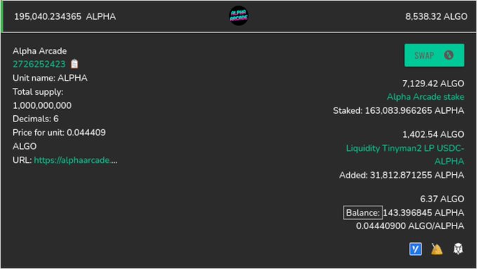 A cryptocurrency trading interface showing Alpha Arcade token (ALPHA) details with 195,040.234365 ALPHA balance and a SWAP button.