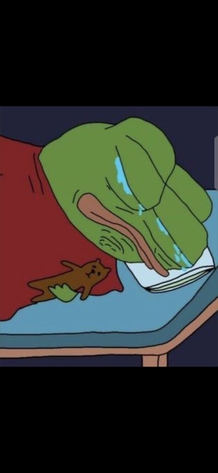 A cartoon drawing of a large green hand wiping tears from the image of a small brown cat on a blue table.