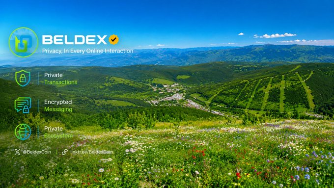 A Beldex promotional banner featuring a mountain landscape, highlighting its privacy features: Private Transactions, Encrypted Messaging, and Private Ecosystem, with social handles @BeldexCoin.