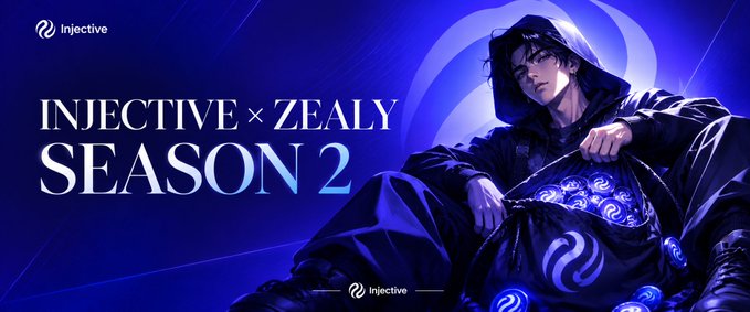 A promotional banner for 'INJECTIVE × ZEALY SEASON 2' featuring an anime-style hooded character sitting with glowing Injective tokens spilling from a sack against a blue cosmic background.