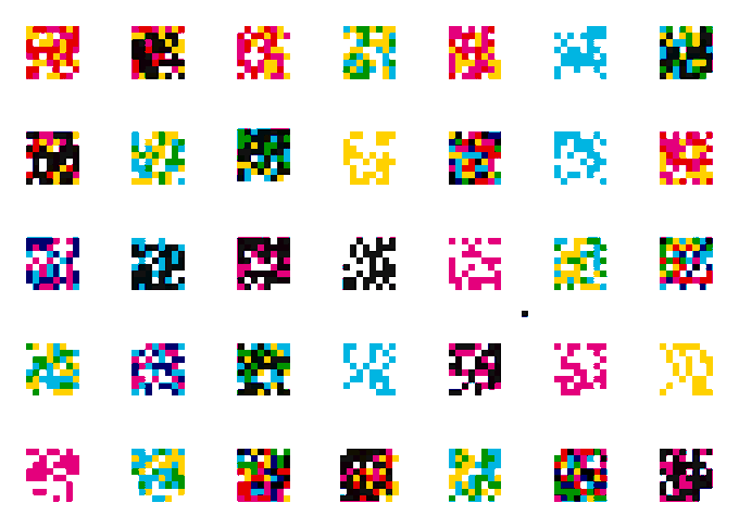 A grid of approximately 35 colorful pixel-art style icons or emojis is displayed in rows and columns, featuring various figures and abstract designs in bright colors like pink, blue, yellow, and black.