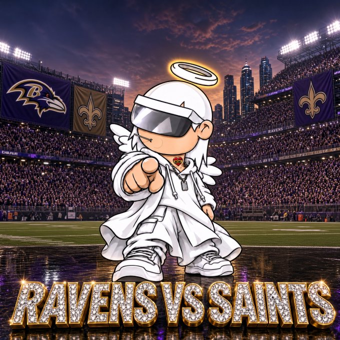 A chibi-style character in white angel attire and visor stands on a football field with Ravens and Saints logos in the background, above text reading "RAVENS VS SAINTS."