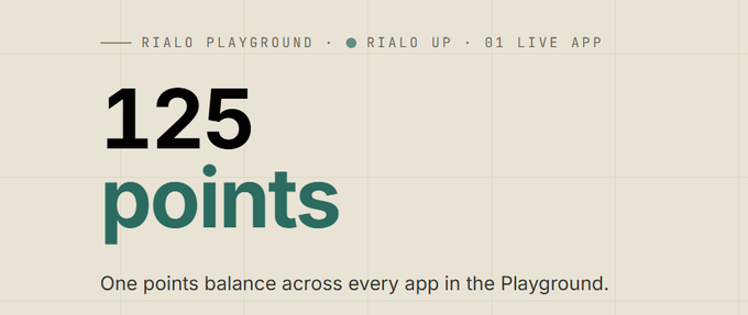 A minimalist promotional screen displaying '125 points' with the text 'RIALO PLAYGROUND • RIALO UP • 01 LIVE APP' and 'One points balance across every app in the Playground.'