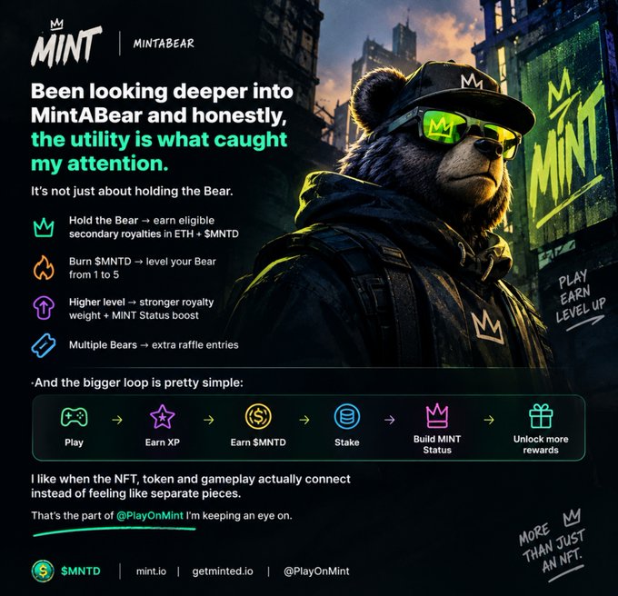 A promotional graphic for MintABear featuring a bear wearing sunglasses and a crown cap, with text explaining utility features like earning royalties, burning $MNTD, and the 'Play On Mint' game loop at mint.io and @PlayOnMint.