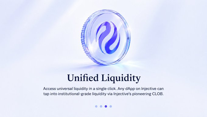 The image features a sleek blue and white crypto coin/token design with the text "Unified Liquidity," explaining that any dApp on Injective can access "universal liquidity in a single click" through Injective's pioneering CLOB (Central Limit Order Book). It visually reinforces the post's message about Injective solving fragmented liquidity across chains by providing a shared orderbook infrastructure that enables one-click access to institutional-grade liquidity.