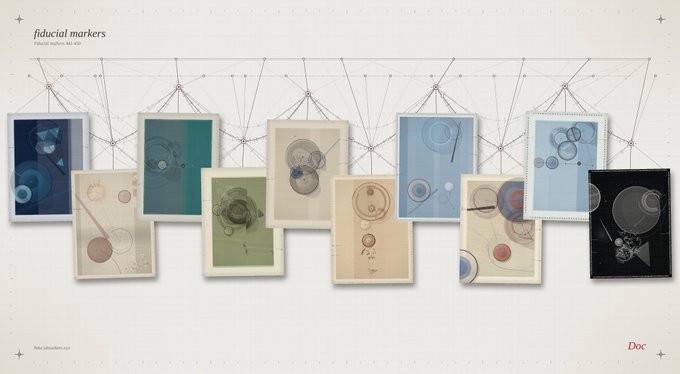 A digital artwork titled 'fiducial markers' displaying a series of framed abstract prints with various circular designs hanging on a geometric string background, credited to 'Doc'.
