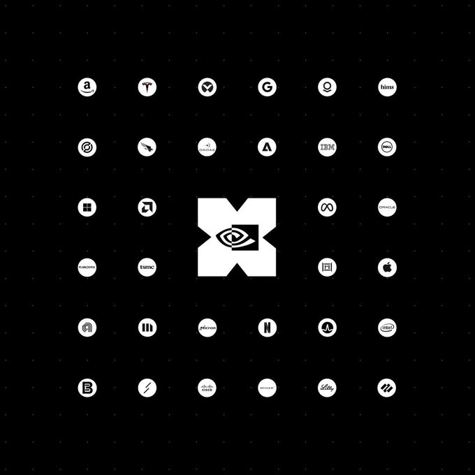 A black screen featuring a grid of circular company logos including Amazon, Tesla, Google, IBM, Dell, Apple, Intel, Cisco, and Adobe, with an eye-like symbol in the center.