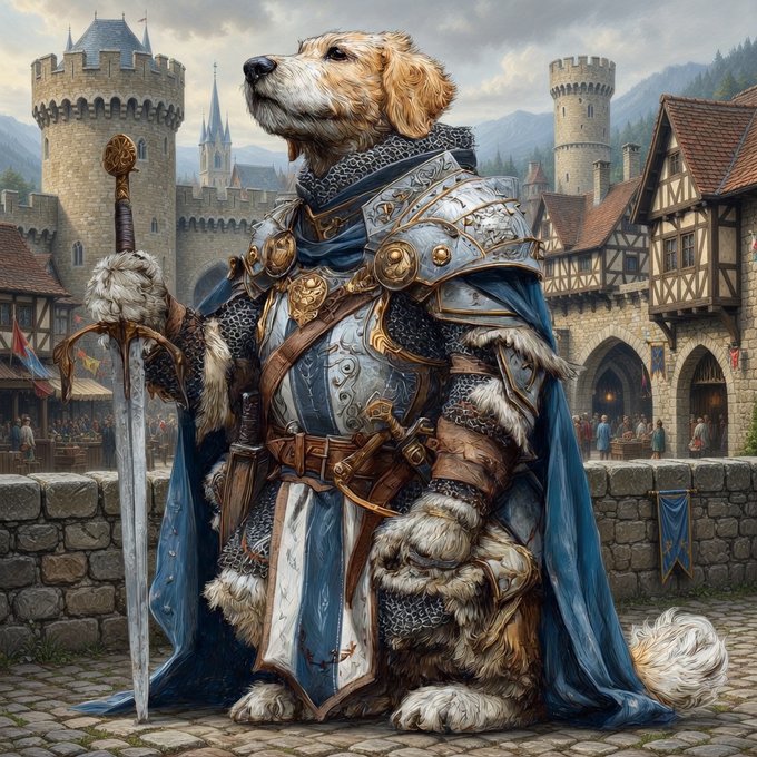 A fantasy illustration of a golden retriever dressed as a medieval knight in ornate armor and a blue cape, holding a sword, standing before a castle town.
