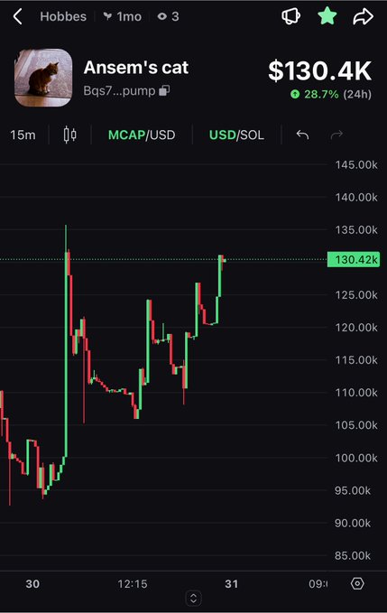 A cryptocurrency price chart on a mobile app showing 'Ansem's cat' (Bqs7...pump) at a market cap of $130.4K, up 28.7% in 24 hours.