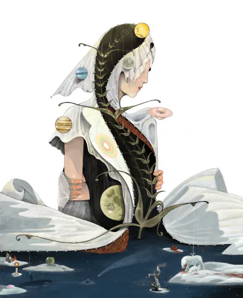 A surreal digital illustration of a pale figure with long dark braided hair adorned with planetary orbs, draped in white fabric and seated among arctic scenes with a small polar bear.