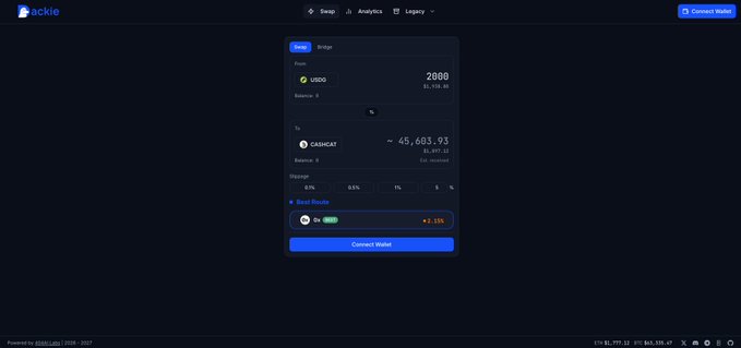 A dark-themed blockchain bridge interface on Stackie showing a swap from 2000 USDO on Base to ~45,603.93 CASHCART on CASCAD, with a slippage setting of 5% and a 2.15% revert route.