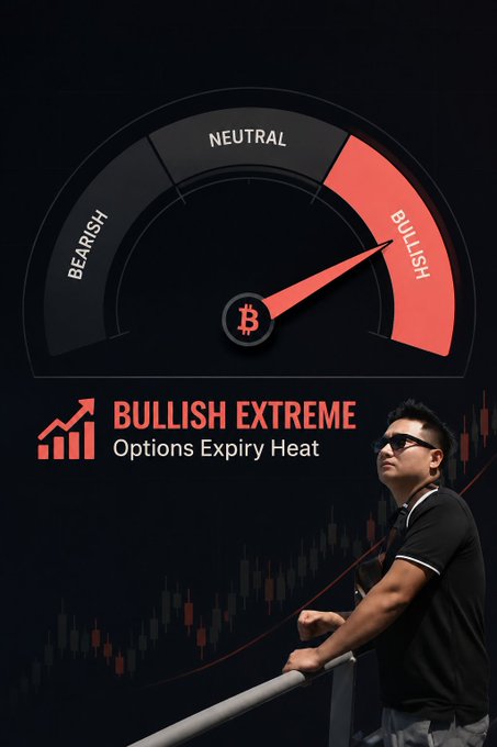 A financial graphic featuring a Bitcoin gauge pointing to 'BULLISH', with the text 'BULLISH EXTREME Options Expiry Heat' and a man in sunglasses leaning on a railing against a candlestick chart.