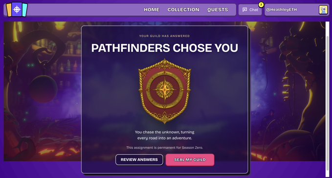 A digital interface shows a 'Pathfinders Chose You' notification featuring a red and gold shield emblem, with options to 'Review Answers' or 'Seal My Guild'.