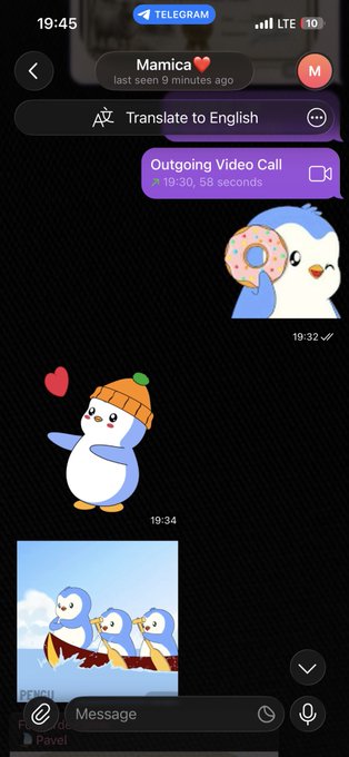 A Telegram conversation with "Mamica" showing an outgoing video call from 19:30 lasting 58 seconds, followed by shared Pudgy Penguin stickers and images of penguins in a boat. The chat reflects the post's theme of the user onboarding their mom into web3 and the Pudgy Penguins community through casual, family-friendly sharing.