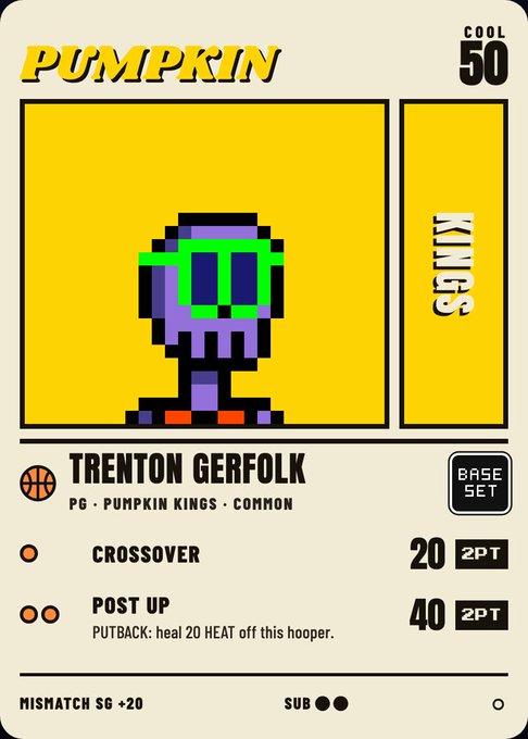 A Pokemon-style trading card featuring Trenton Gerfolk, a purple character with green glasses, as part of the 'Pumpkin Kings' base set with 50 cool rating and attributes like 'Crossover' (20) and 'Post Up' (40).