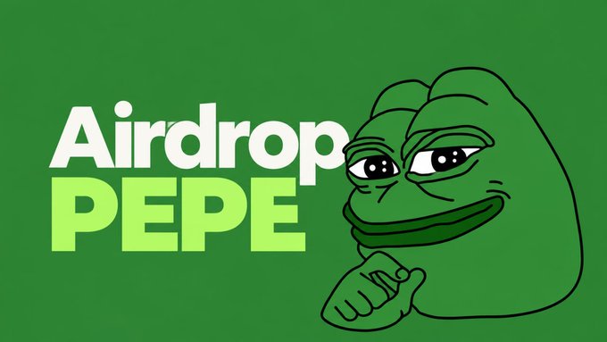 A green promotional graphic features the Pepe the Frog meme character pointing toward text that reads "Airdrop PEPE" in white and light green lettering.